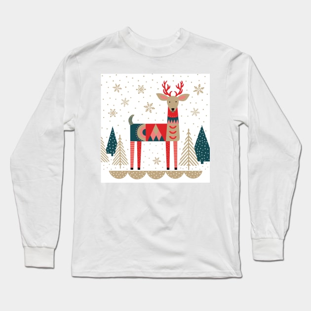 Holiday Reindeer with geometric shapes Long Sleeve T-Shirt by missmewow